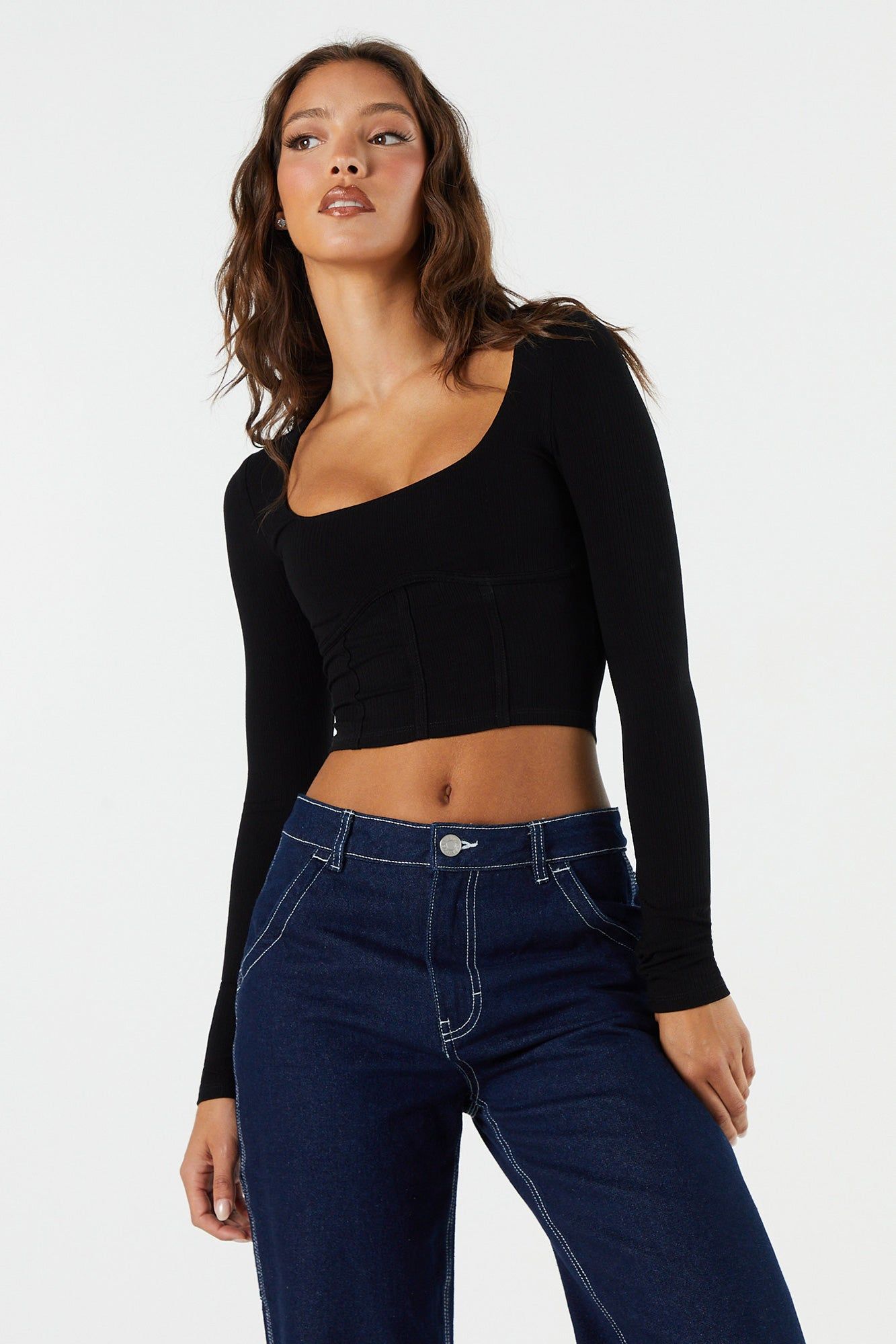 Ribbed Corset Long Sleeve Crop Top sold by Charlotte Russe product image thumbnail 4