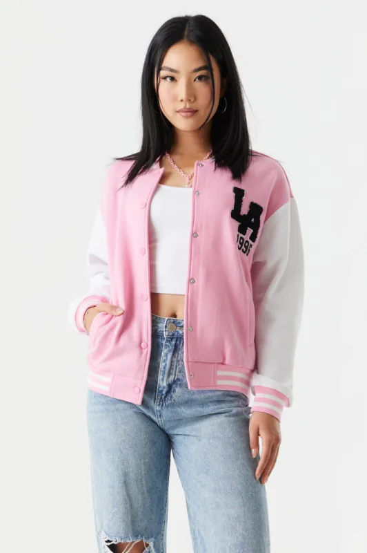 LA Graphic Oversized Varsity Jacket sold by Charlotte Russe