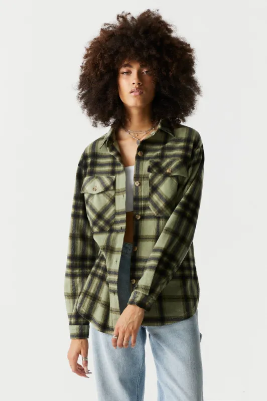 Green Plaid Polar Fleece Shacket sold by Charlotte Russe