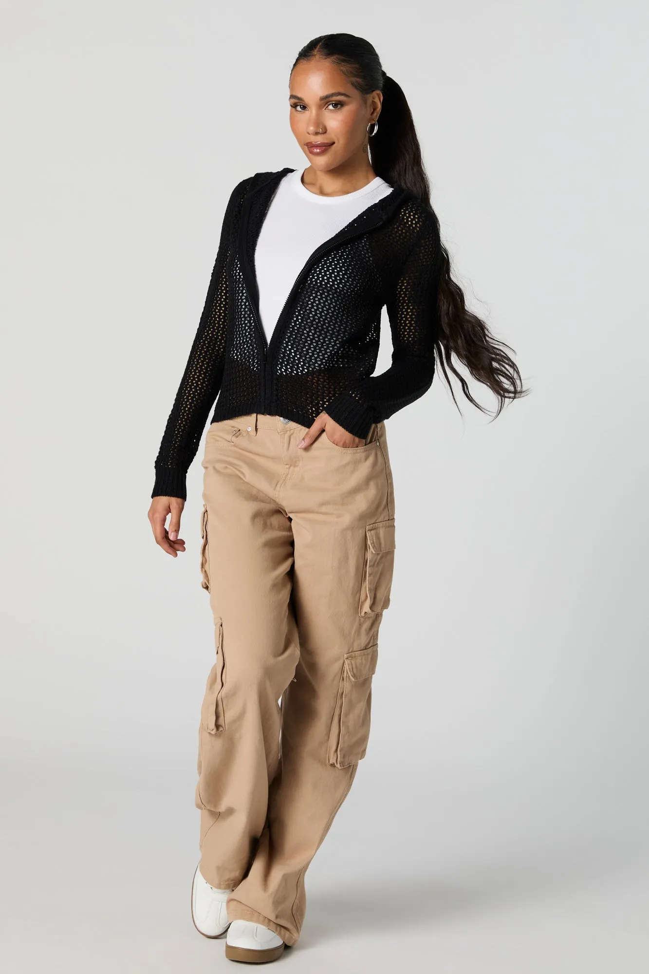 Open Knit Zip-Up Hoodie sold by Charlotte Russe product image thumbnail 3