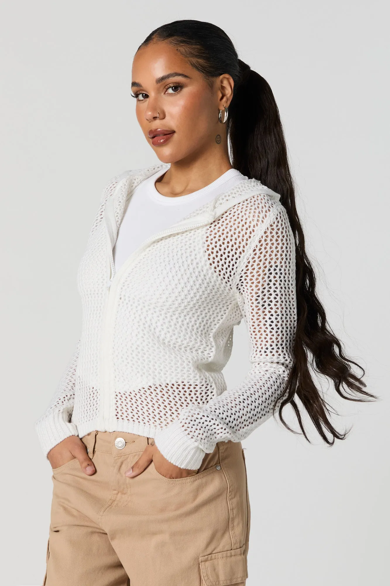 Open Knit Zip-Up Hoodie sold by Charlotte Russe product image thumbnail 4