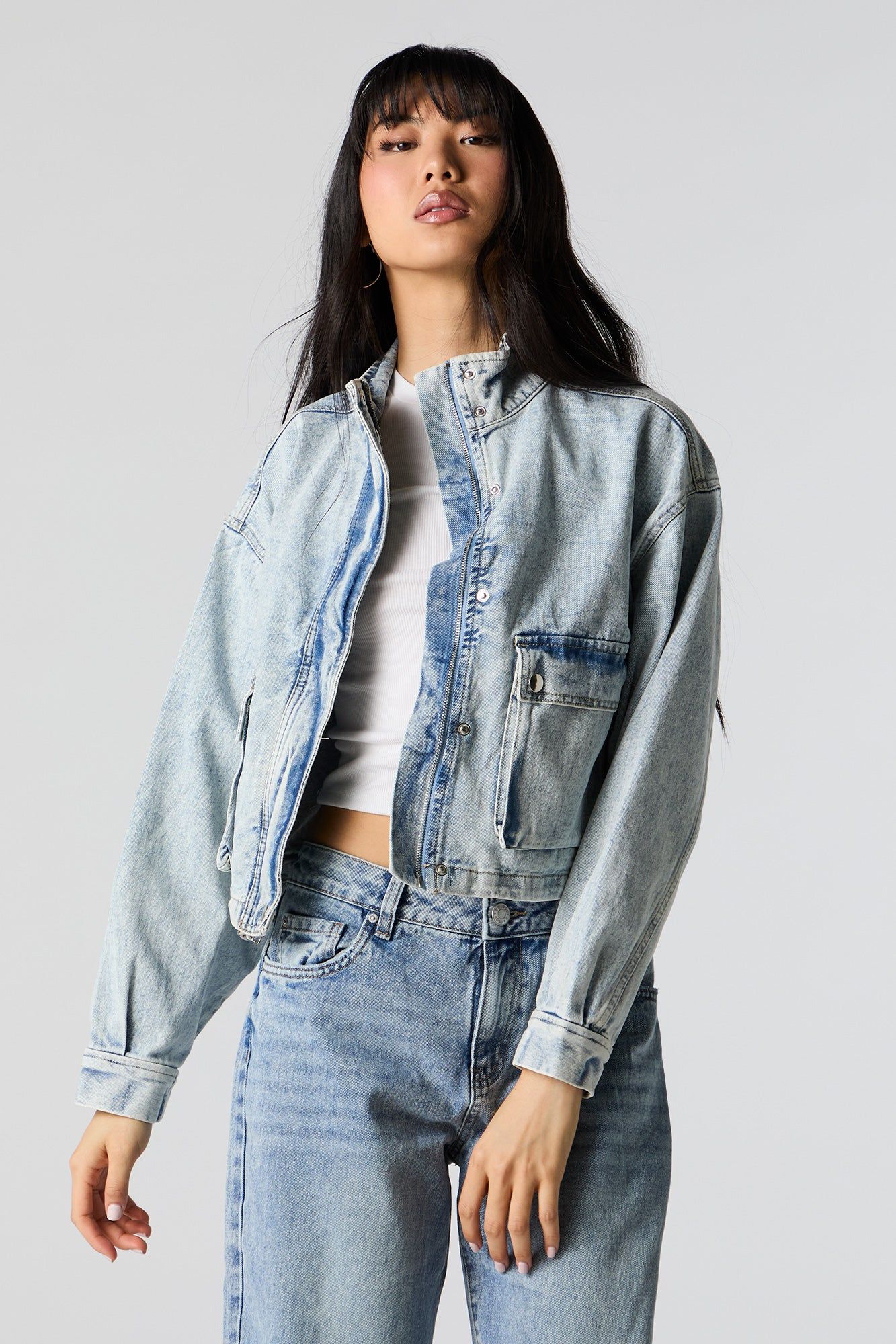 Acid Wash Cargo Denim Jacket sold by Charlotte Russe product image thumbnail 5