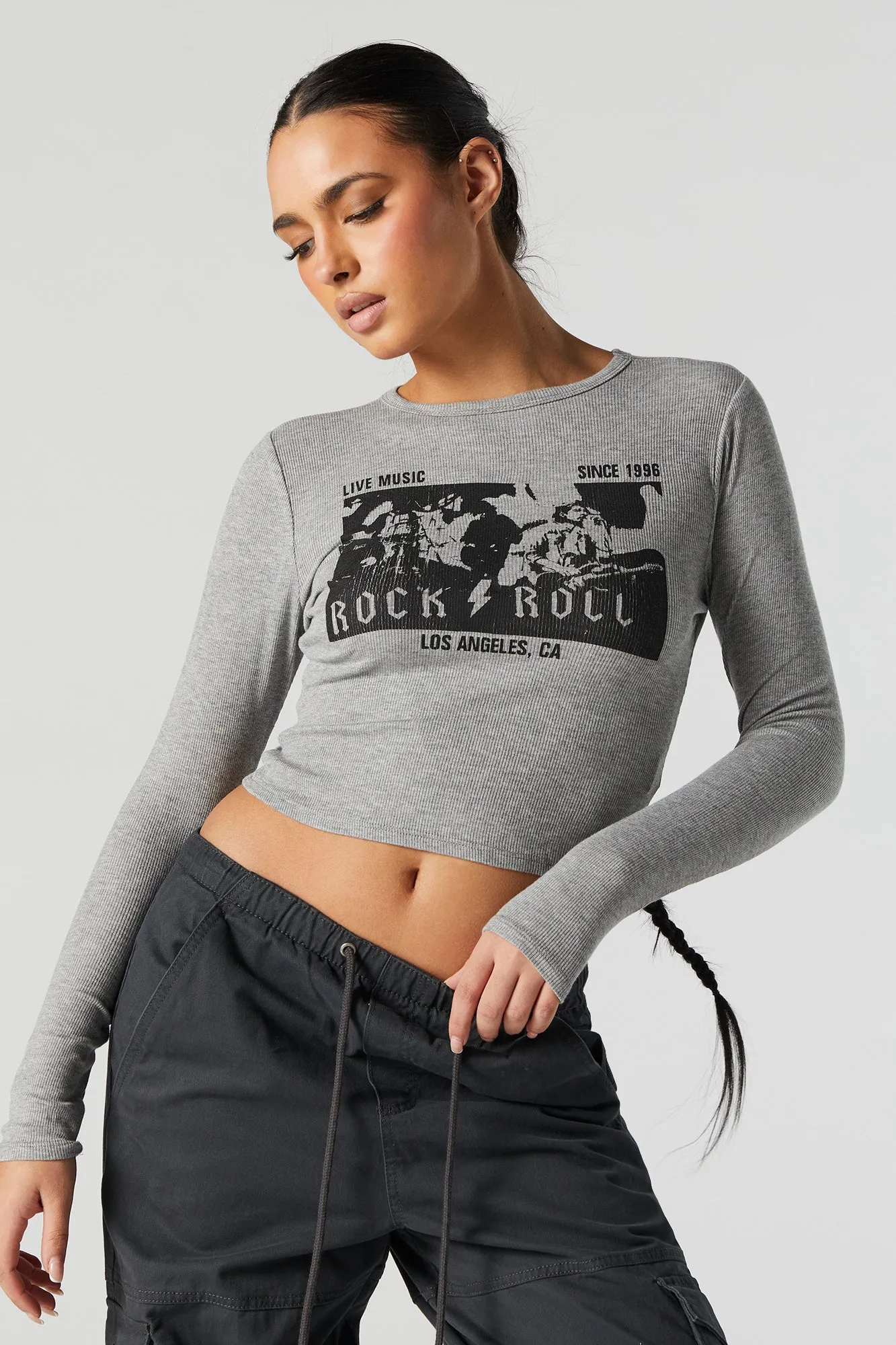 Rock and Roll Graphic Long Sleeve Crop Top sold by Charlotte Russe product image thumbnail 2