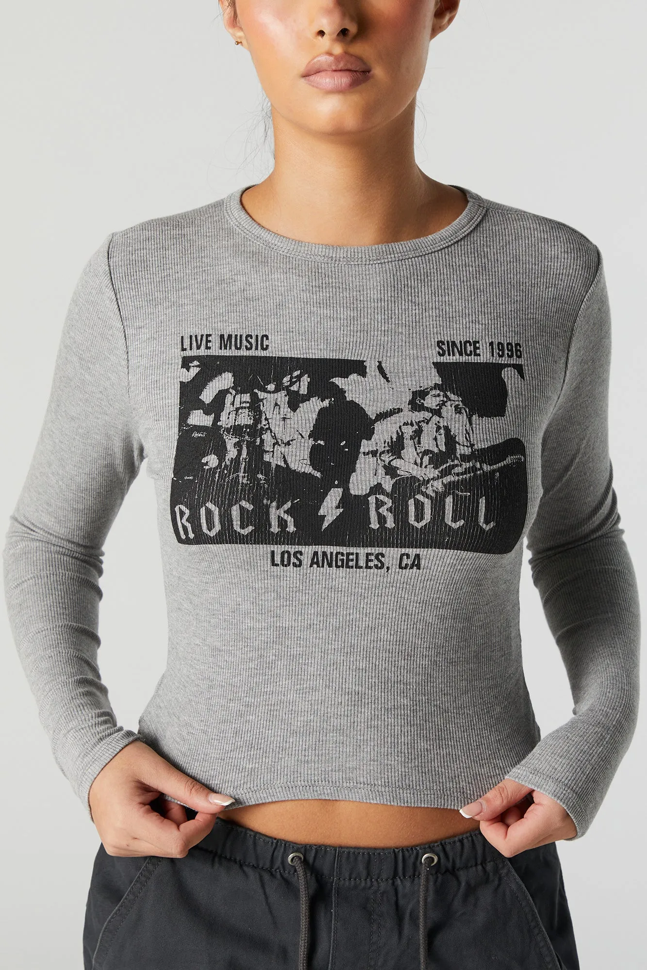 Rock and Roll Graphic Long Sleeve Crop Top sold by Charlotte Russe