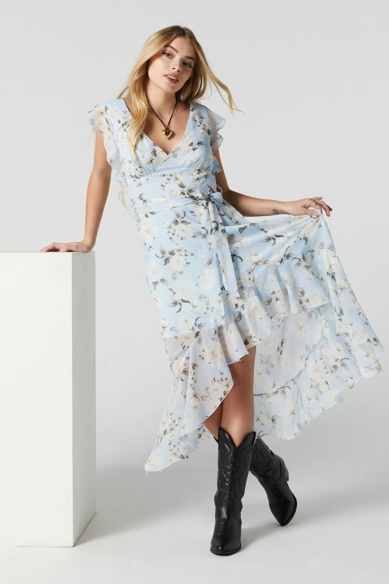 Blue Floral Print Self Tie High-Low Midi Dress sold by Charlotte Russe