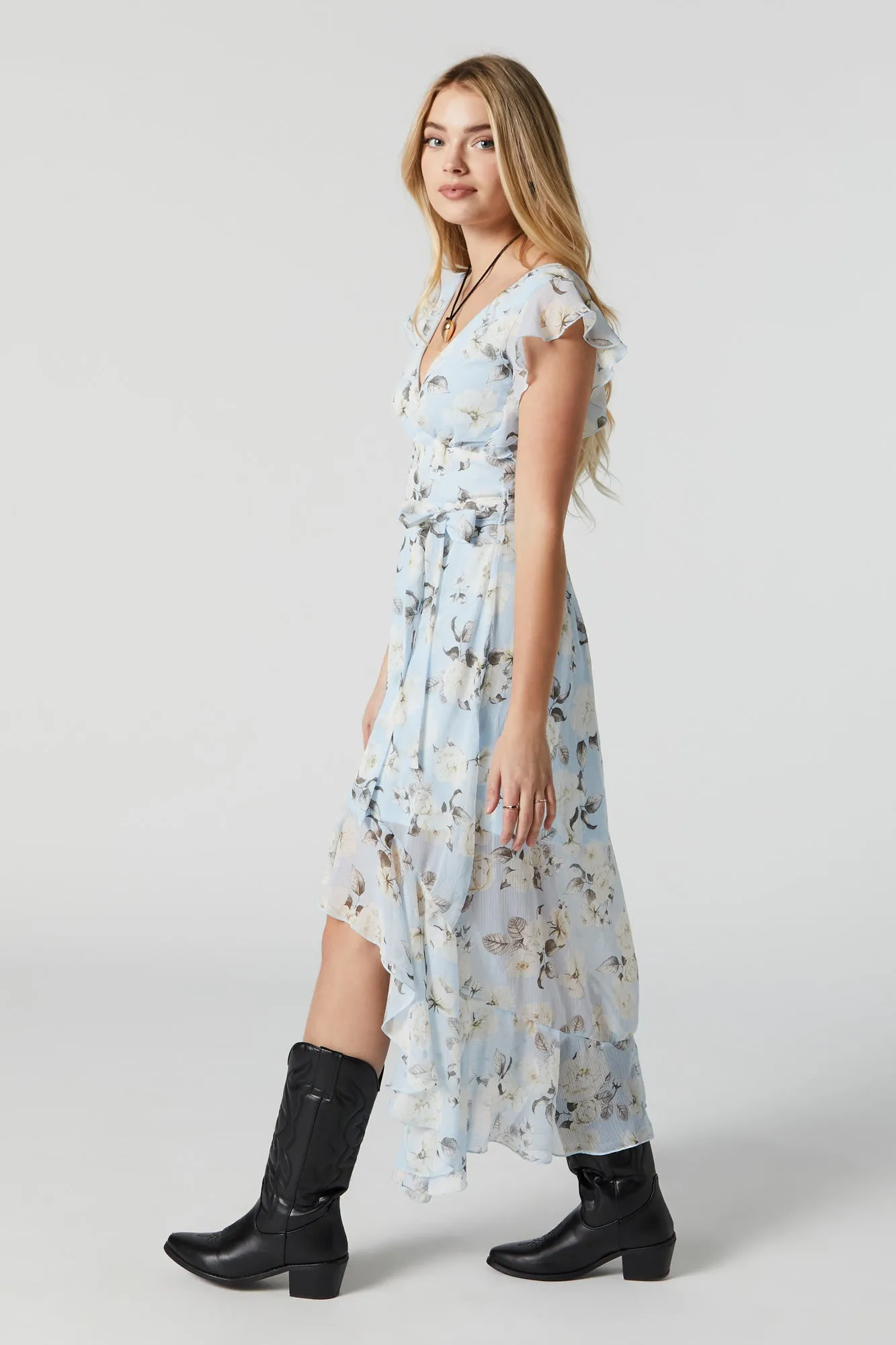 Blue Floral Print Self Tie High-Low Midi Dress sold by Charlotte Russe product image thumbnail 2