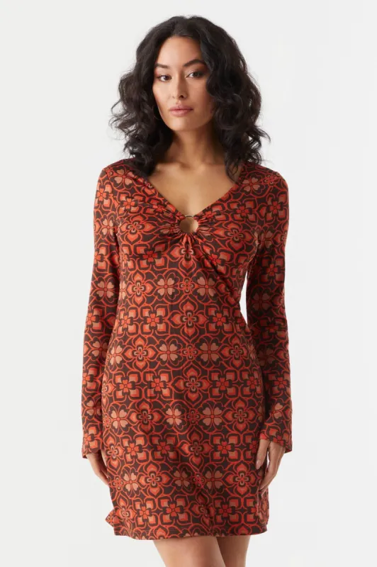 Retro Print Long Sleeve O-Ring A-Line Dress sold by Charlotte Russe