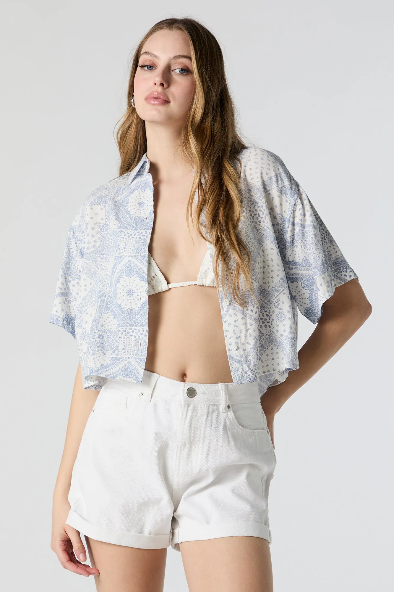 Paisley Print Cropped Button-Up Top sold by Charlotte Russe