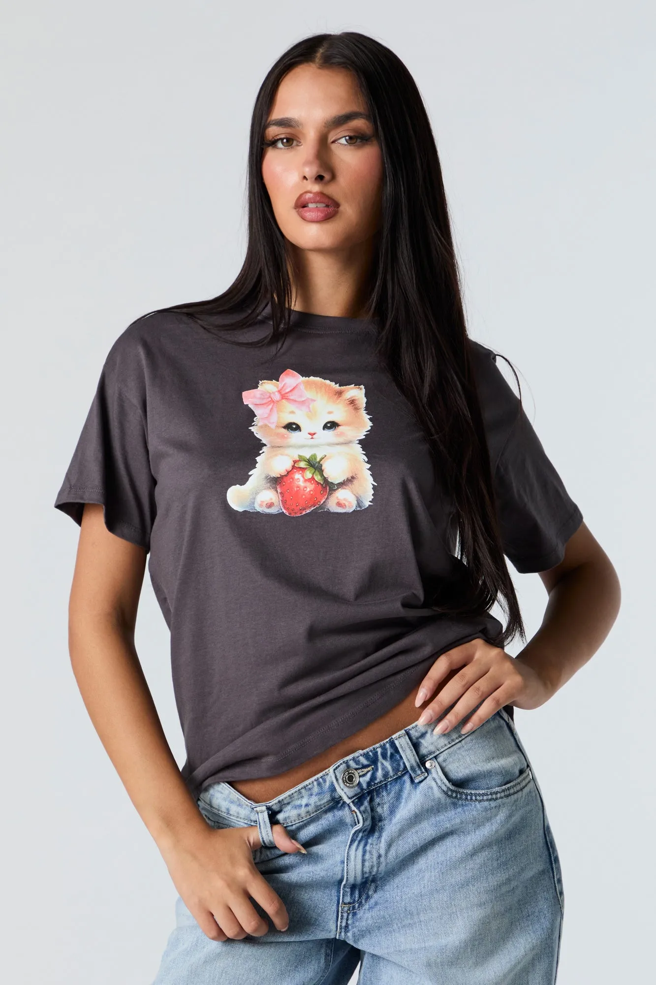 Strawberry Kitten Graphic Boyfriend T-Shirt sold by Charlotte Russe