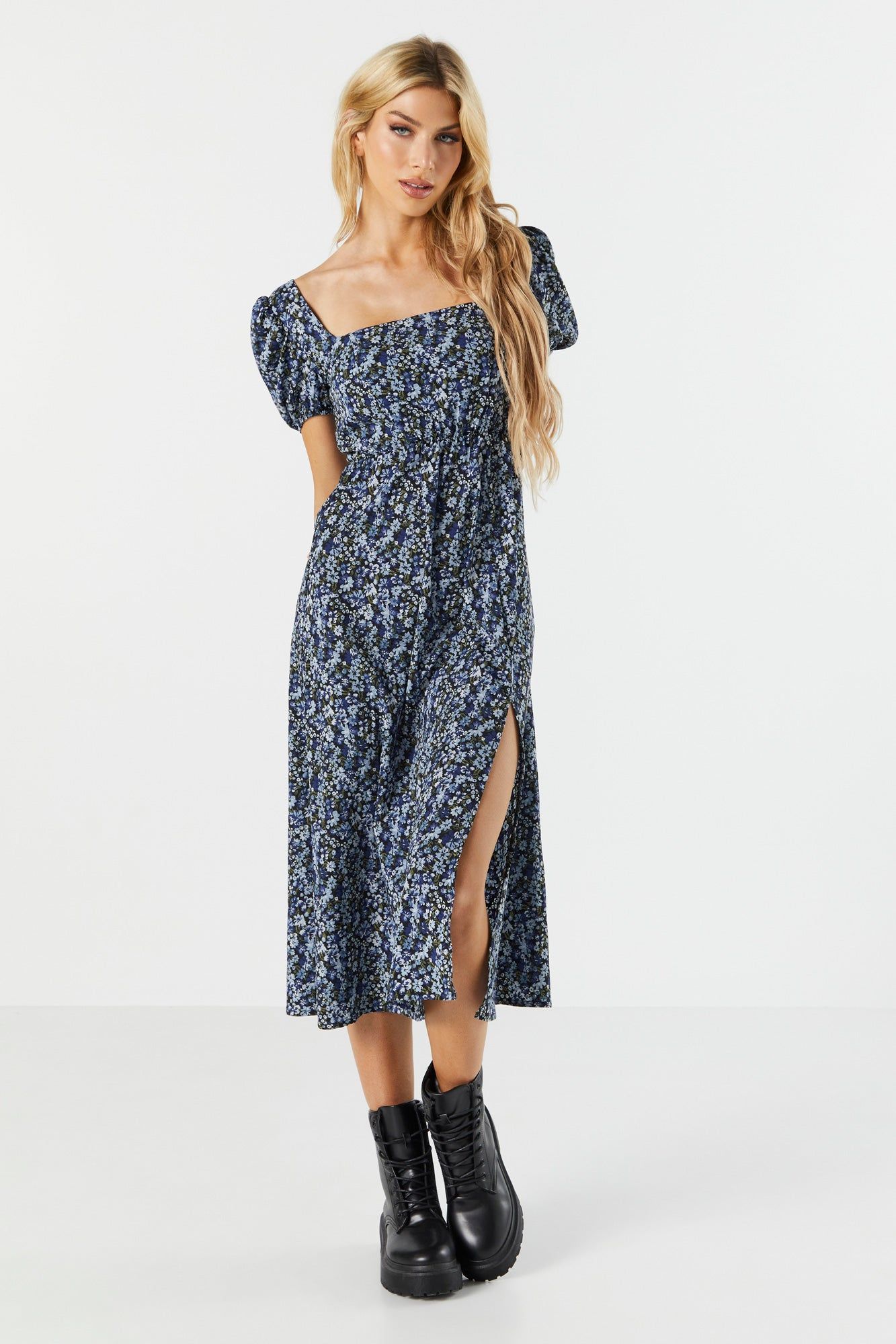 Blue Floral Slit Milkmaid Midi Dress sold by Charlotte Russe