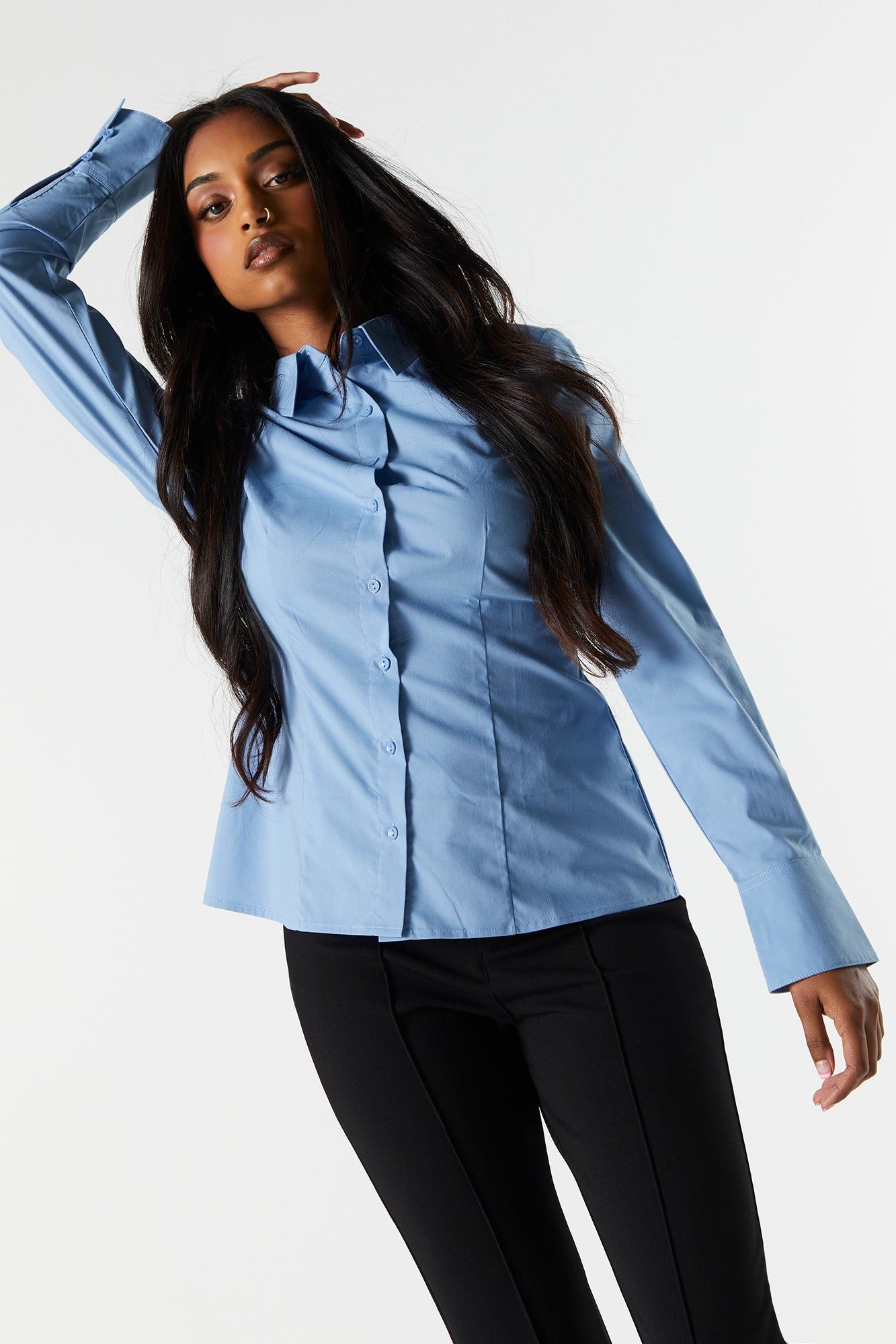 Poplin Button-Up Fitted Shirt sold by Charlotte Russe