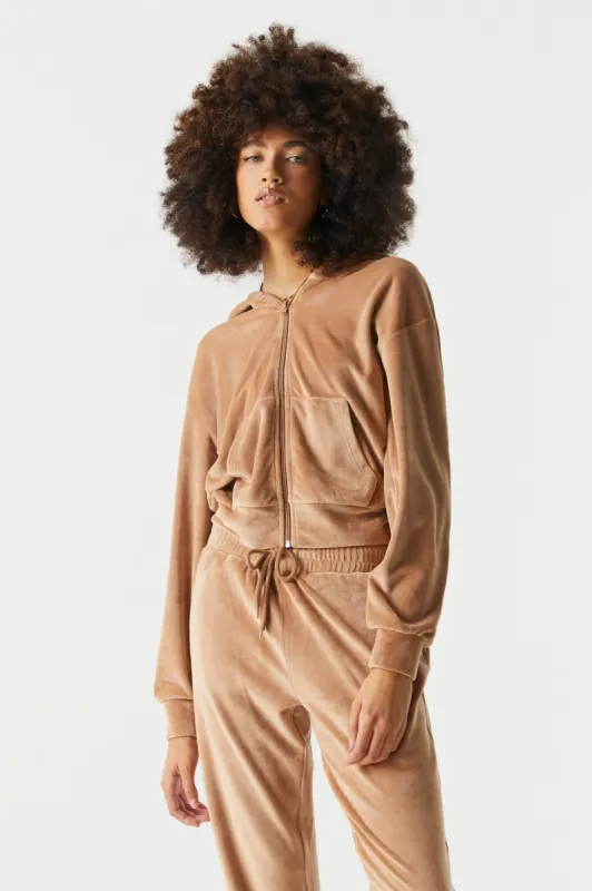 Velour Zip Skimmer Hoodie sold by Charlotte Russe
