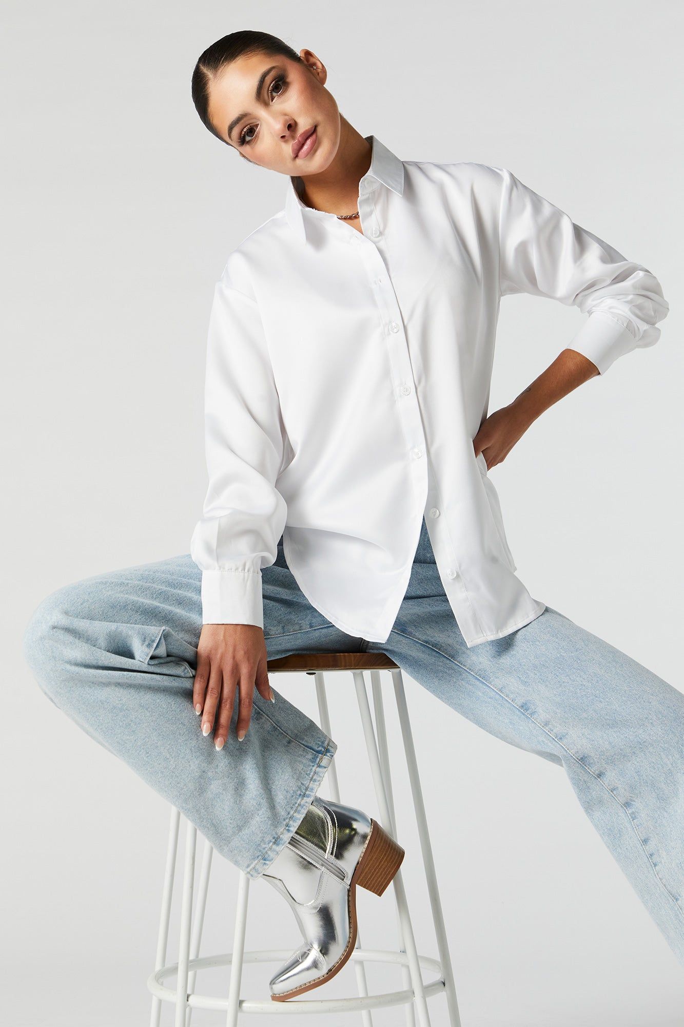 Oversized Satin Button-Up Top sold by Charlotte Russe