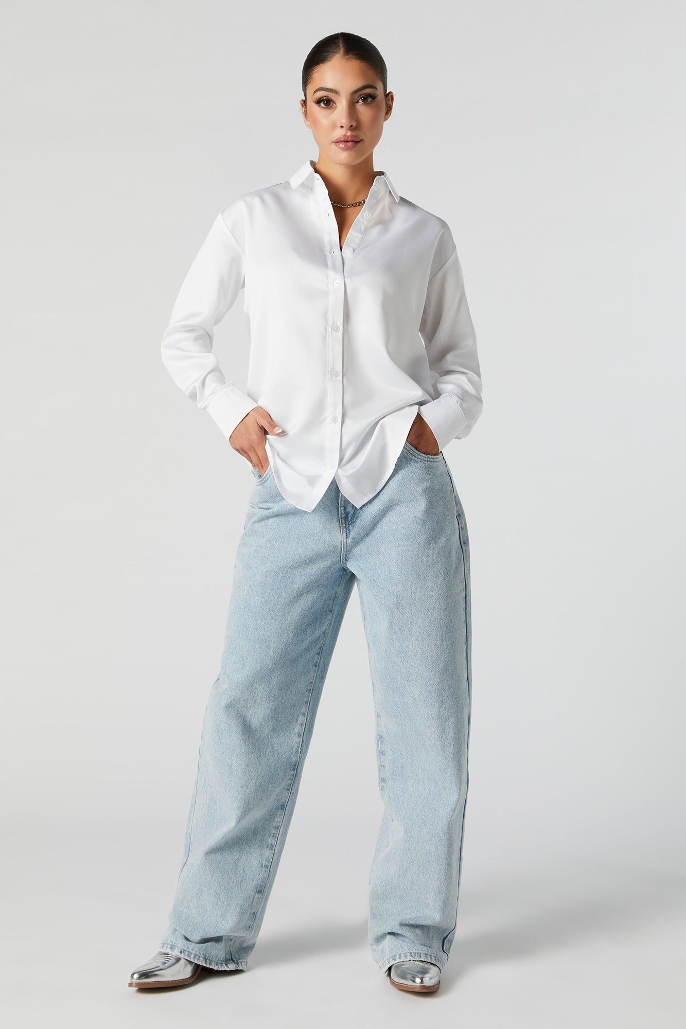 Oversized Satin Button-Up Top sold by Charlotte Russe product image thumbnail 3