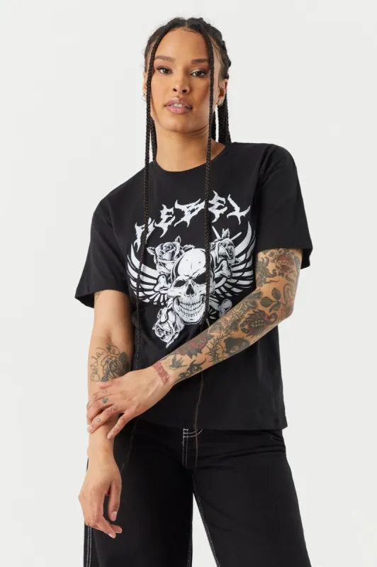 Skull and Roses Graphic Boyfriend T-Shirt sold by Charlotte Russe
