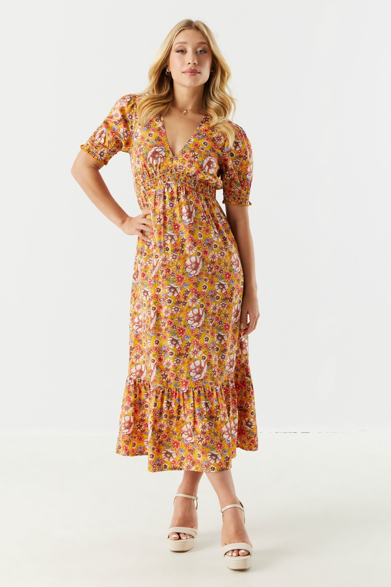 Yellow Floral Print Tiered Midi Dress sold by Charlotte Russe