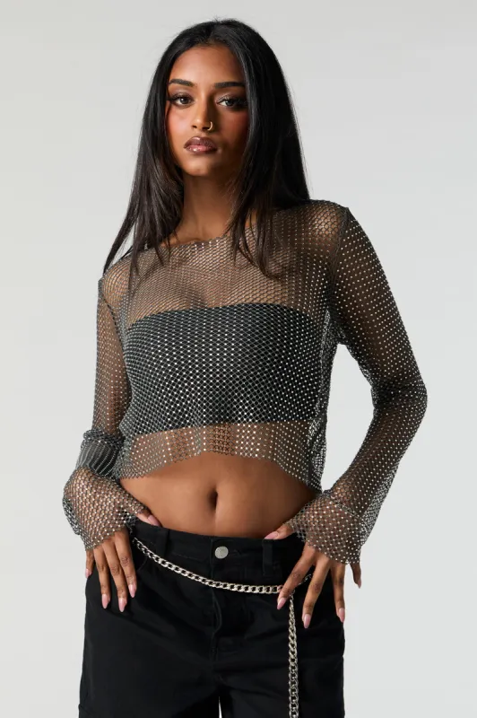 Rhinestone Fishnet Long Sleeve Top sold by Charlotte Russe