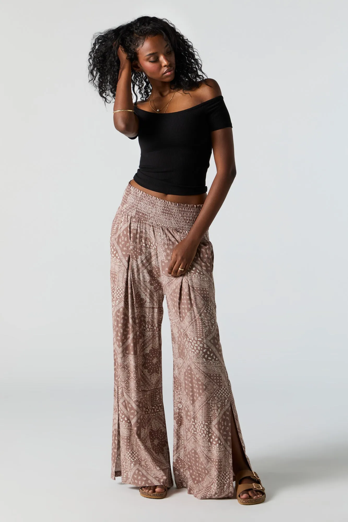 Brown Paisley Print Smocked Palazzo Pant sold by Charlotte Russe