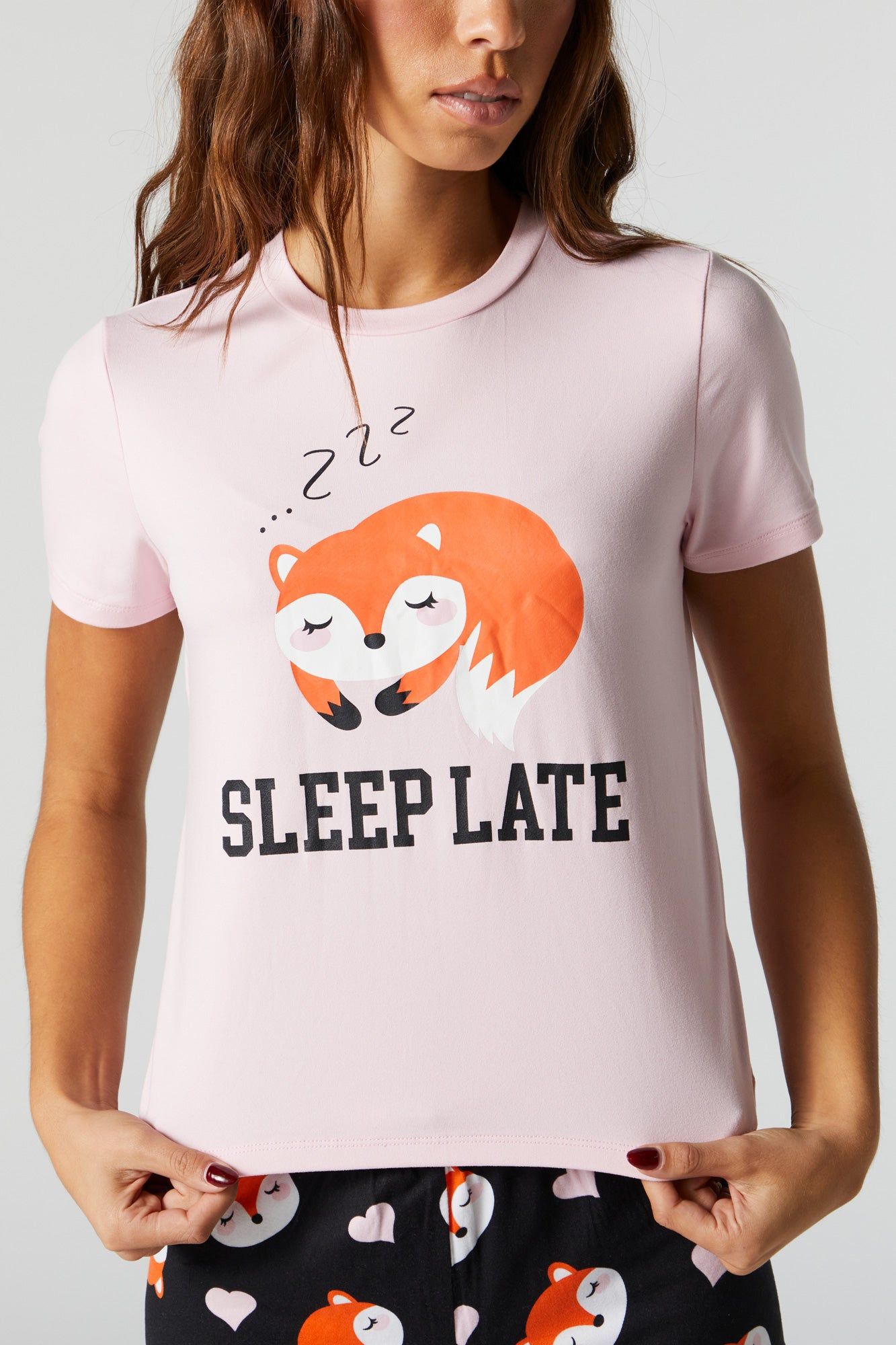 Sleep Late Fox Graphic Pajama T-Shirt Set sold by Charlotte Russe product image thumbnail 2