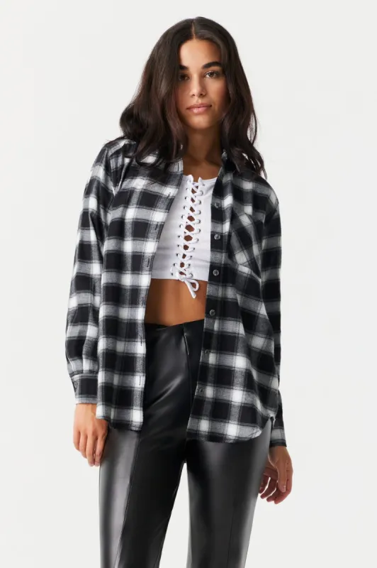 Black Plaid Classic Fit Flannel Top sold by Charlotte Russe