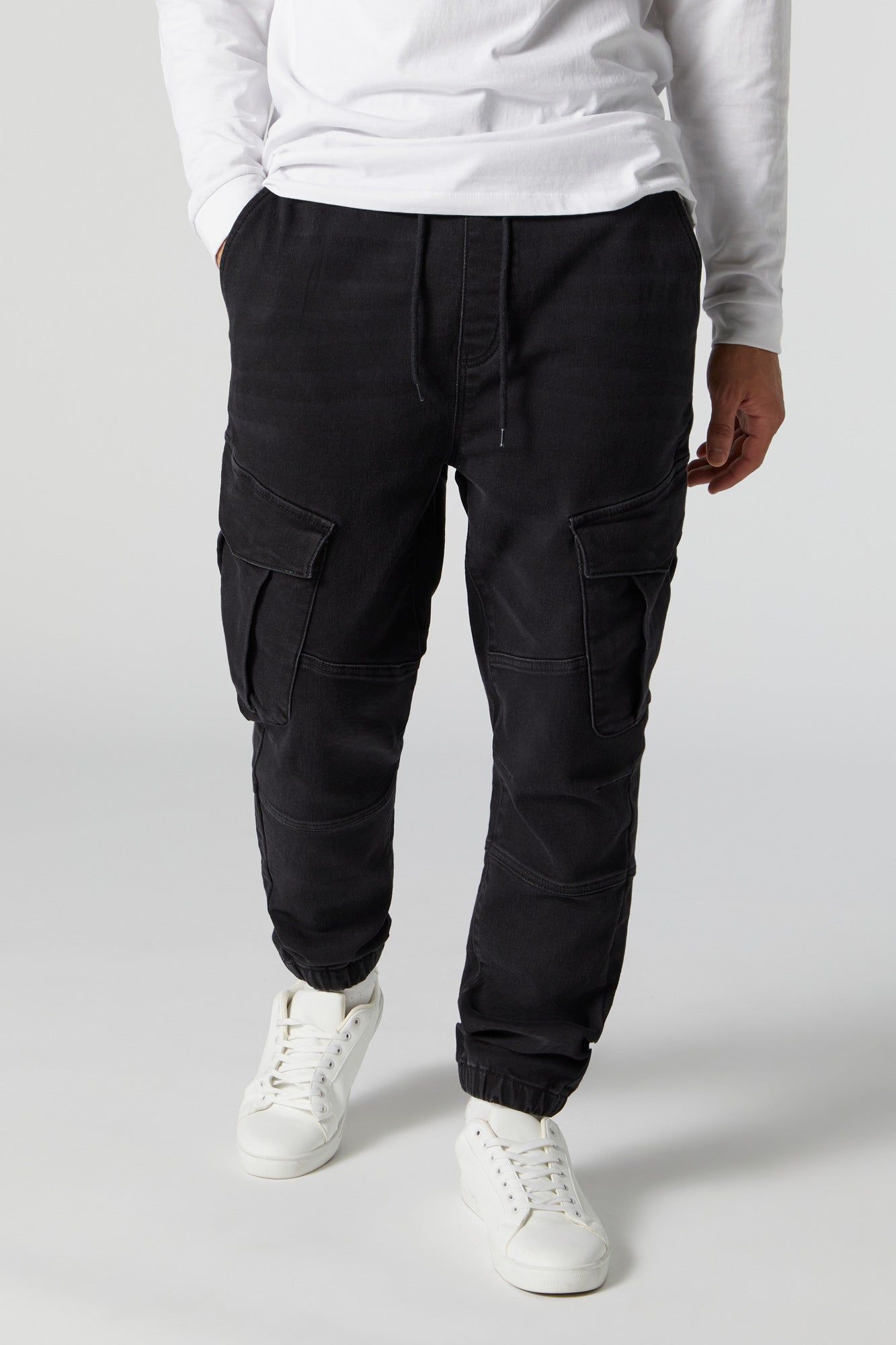 Black Wash Denim Cargo Jogger sold by Charlotte Russe