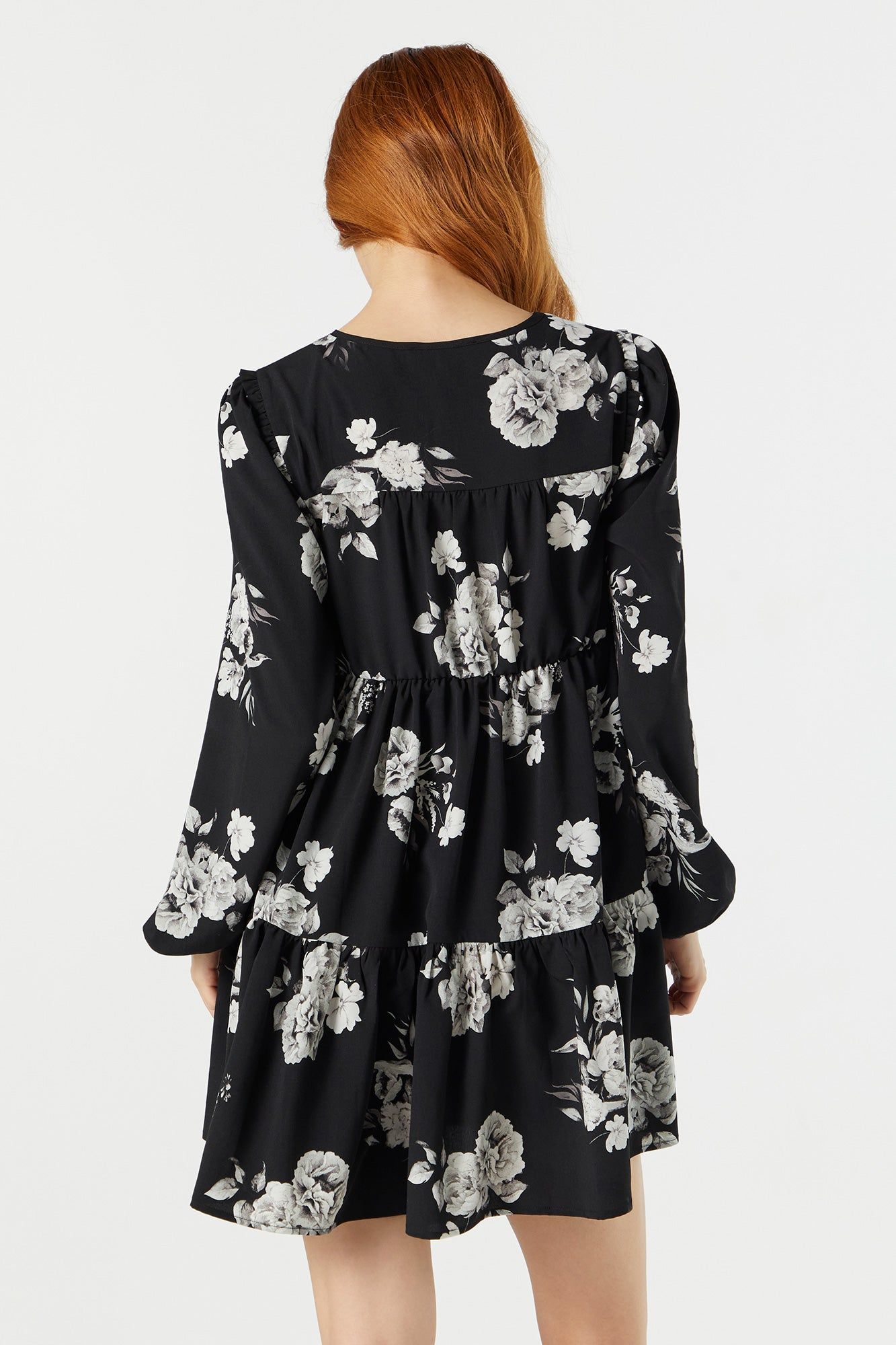Black Floral Long Sleeve Tiered Babydoll Dress sold by Charlotte Russe product image thumbnail 2