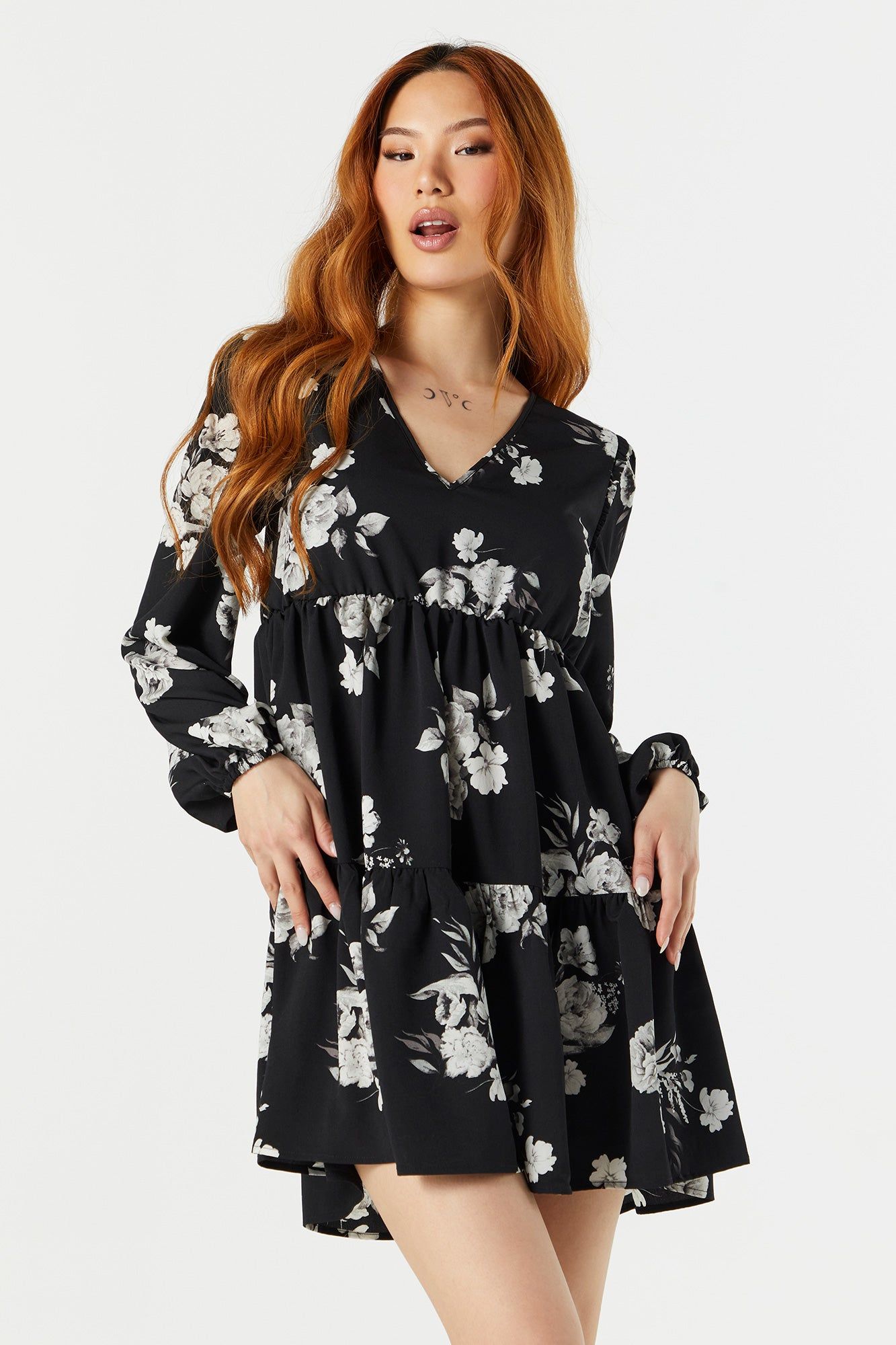 Black Floral Long Sleeve Tiered Babydoll Dress sold by Charlotte Russe