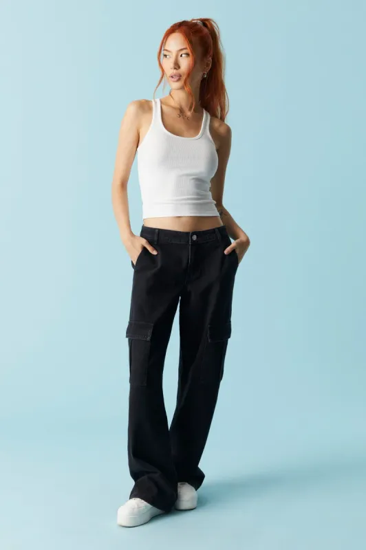 Refuge Black Low Rise Wide Leg Cargo Jean sold by Charlotte Russe