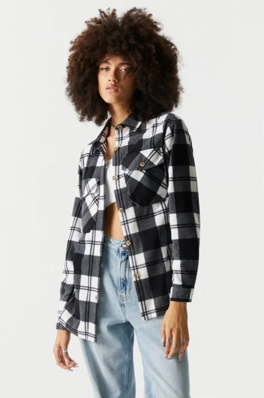 Black Plaid Polar Fleece Shacket sold by Charlotte Russe