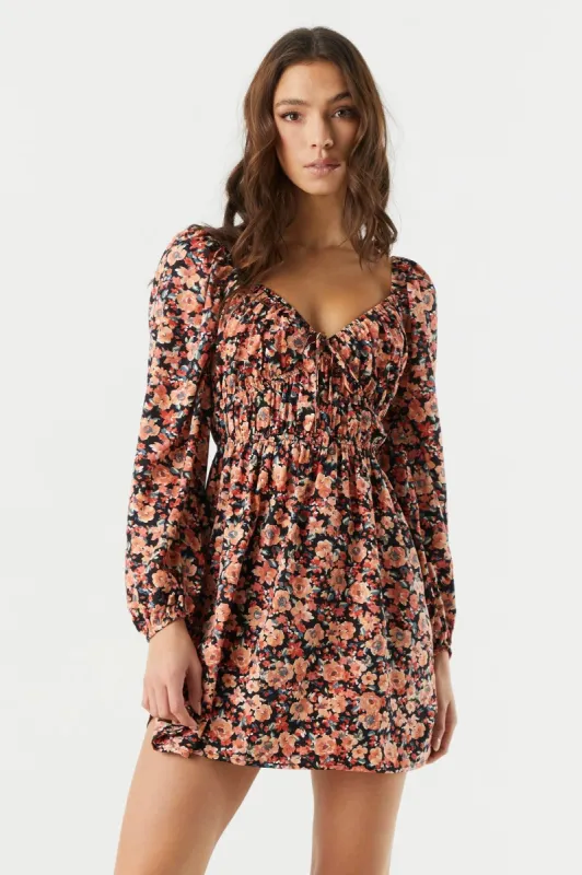 Black Floral Long Sleeve Milkmaid Dress sold by Charlotte Russe