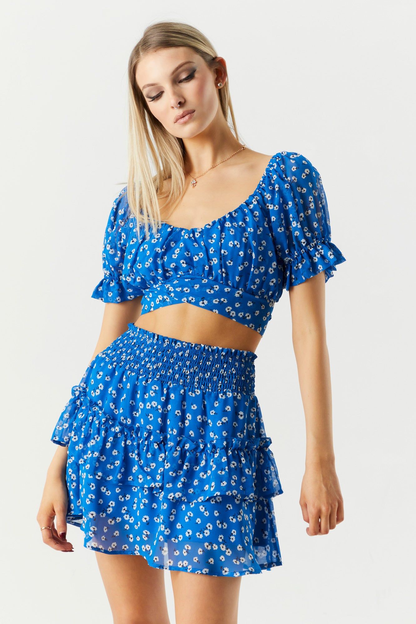 Blue Floral Mesh Tiered Skirt sold by Charlotte Russe
