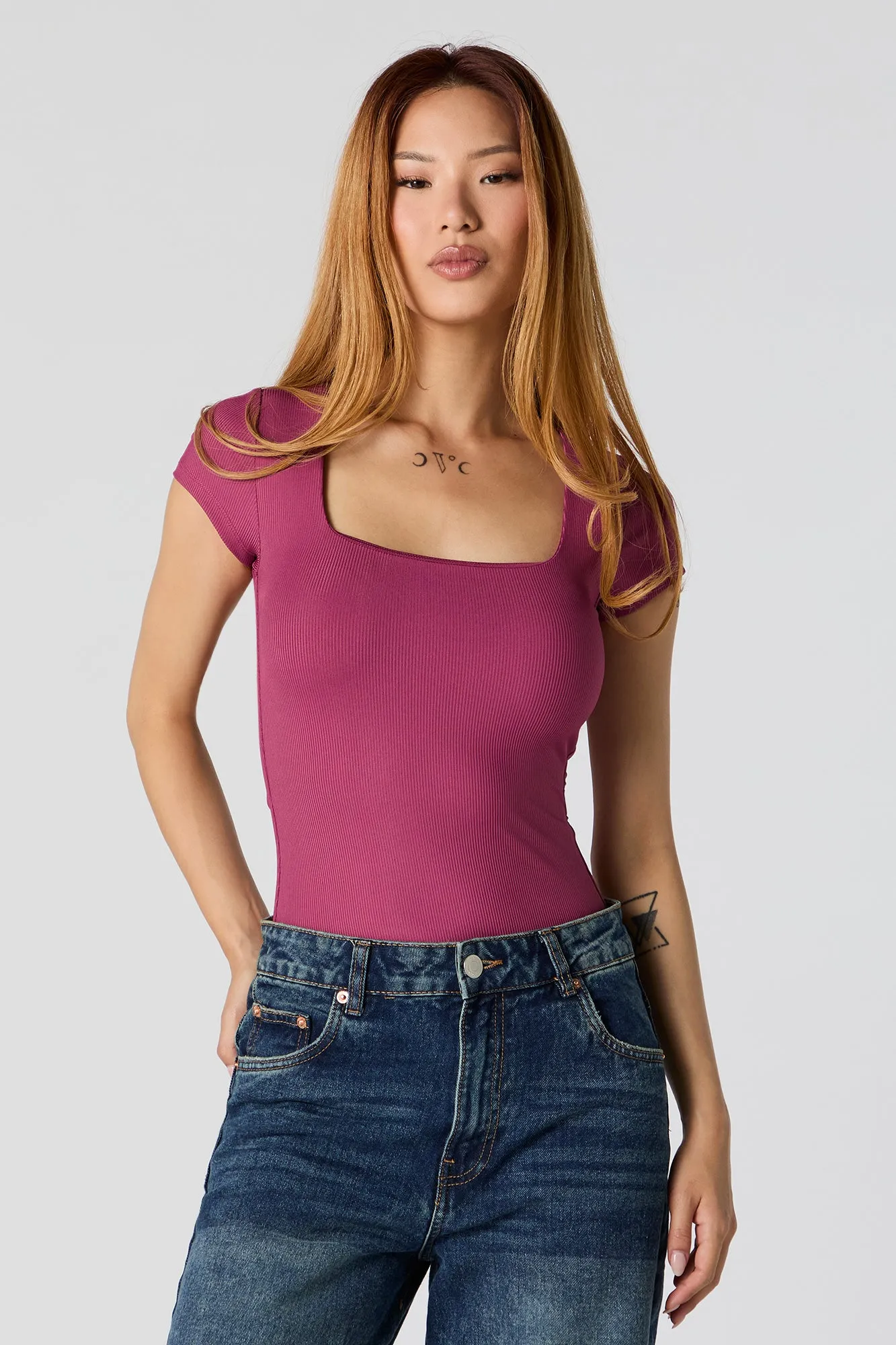 Ribbed Square Neck Short Sleeve Bodysuit sold by Charlotte Russe