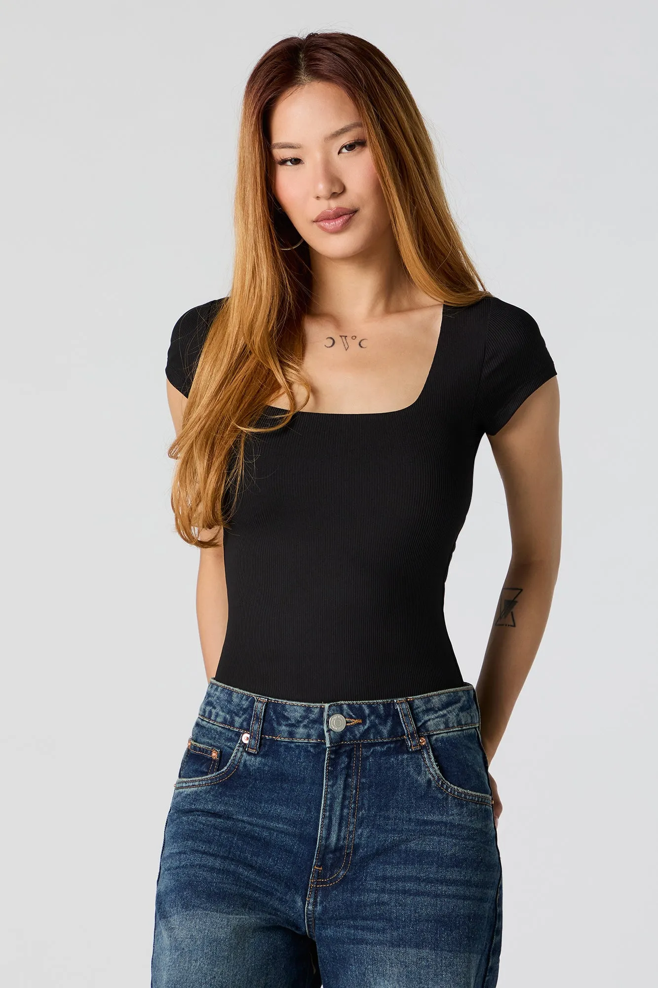 Ribbed Square Neck Short Sleeve Bodysuit sold by Charlotte Russe product image thumbnail 5