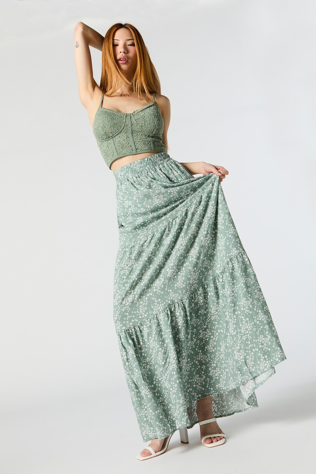 Green Floral High Rise Tiered Maxi Skirt sold by Charlotte Russe