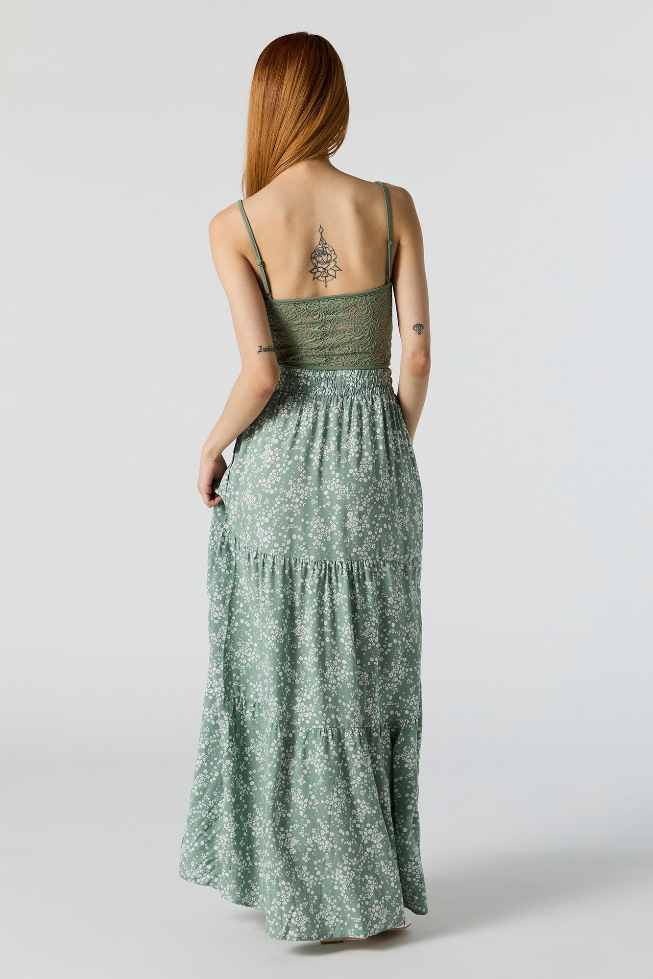 Green Floral High Rise Tiered Maxi Skirt sold by Charlotte Russe product image thumbnail 2
