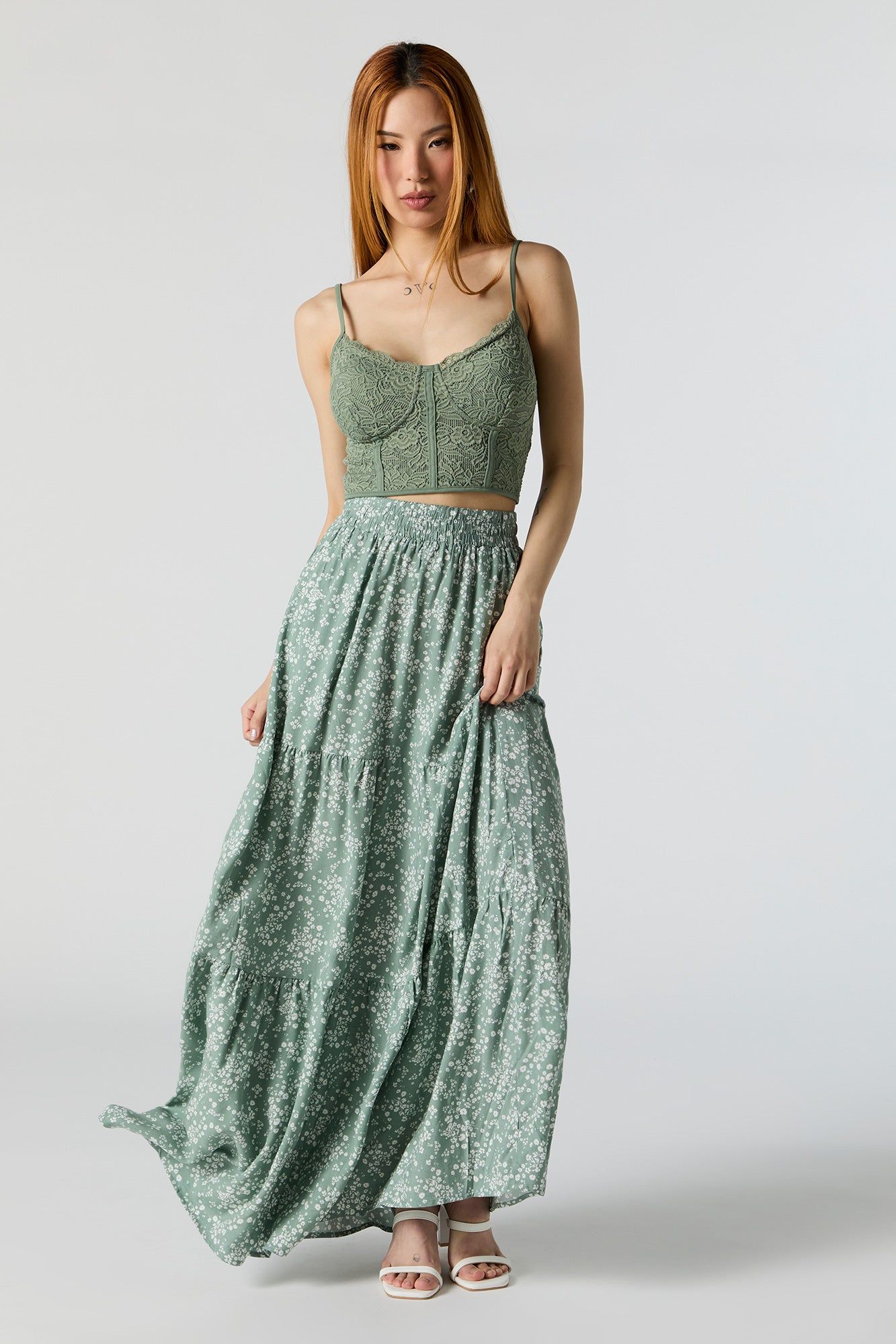 Green Floral High Rise Tiered Maxi Skirt sold by Charlotte Russe product image thumbnail 4