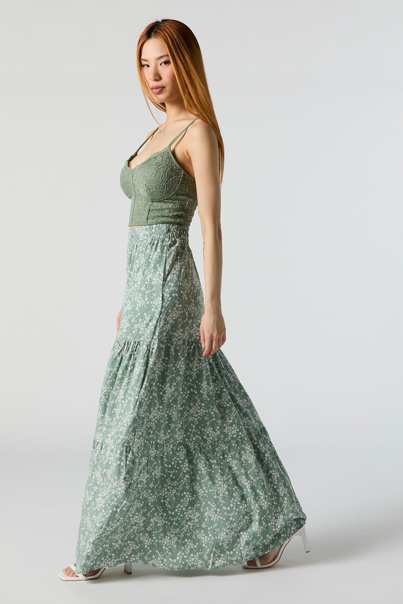 Green Floral High Rise Tiered Maxi Skirt sold by Charlotte Russe product image thumbnail 3