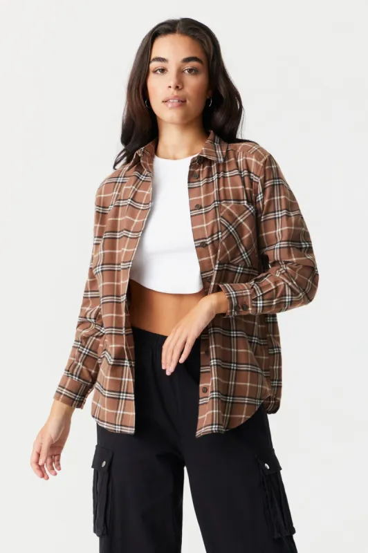 Tan Plaid Classic Fit Flannel Top sold by Charlotte Russe