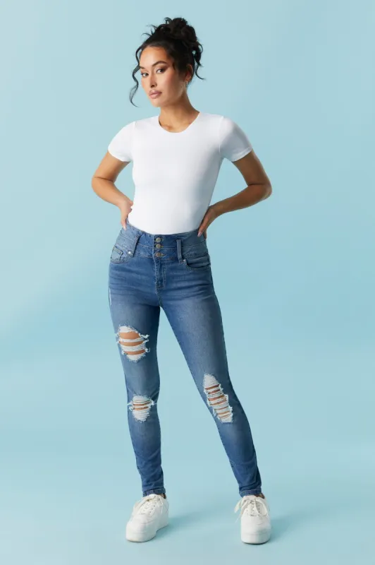 Refuge 3-Tier High-Rise Push-Up Distressed Medium Wash Skinny Jean sold by Charlotte Russe