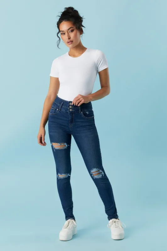 Refuge 3-Tier High-Rise Push-Up Distressed Dark Wash Skinny Jean sold by Charlotte Russe
