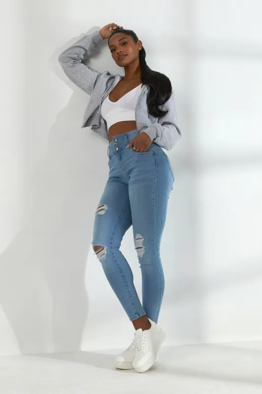Refuge 3-Tier High-Rise Push-Up Distressed Light Wash Skinny Jean sold by Charlotte Russe