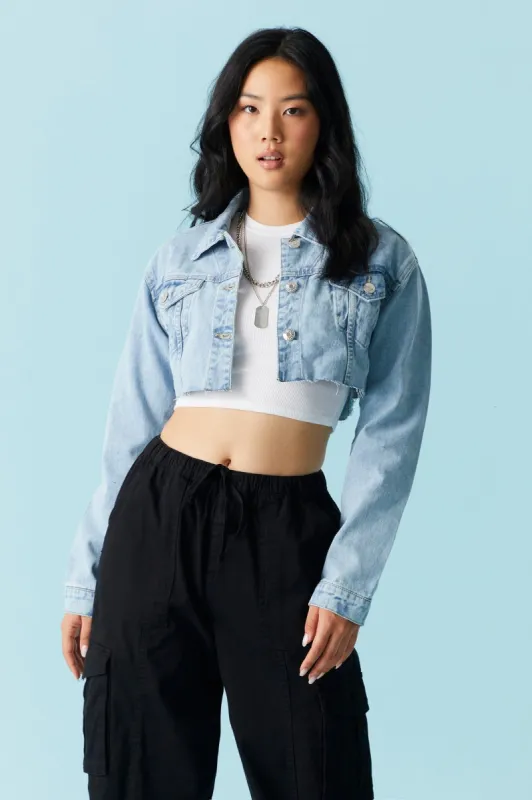 Light Wash Raw Hem Crop Denim Jacket sold by Charlotte Russe