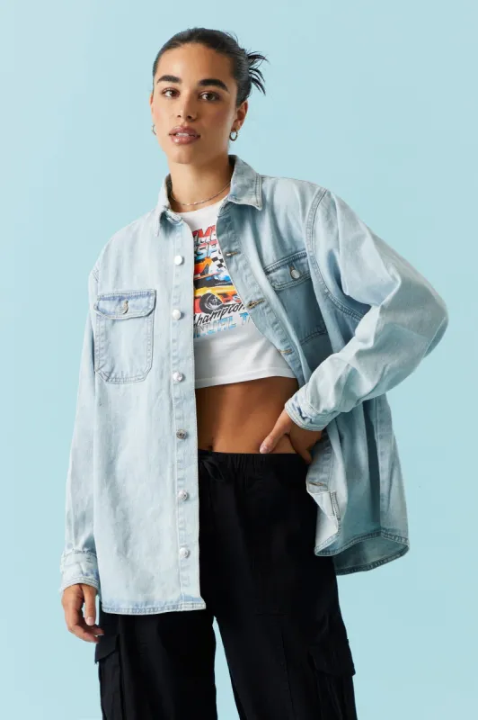 Light Wash Denim Shacket sold by Charlotte Russe