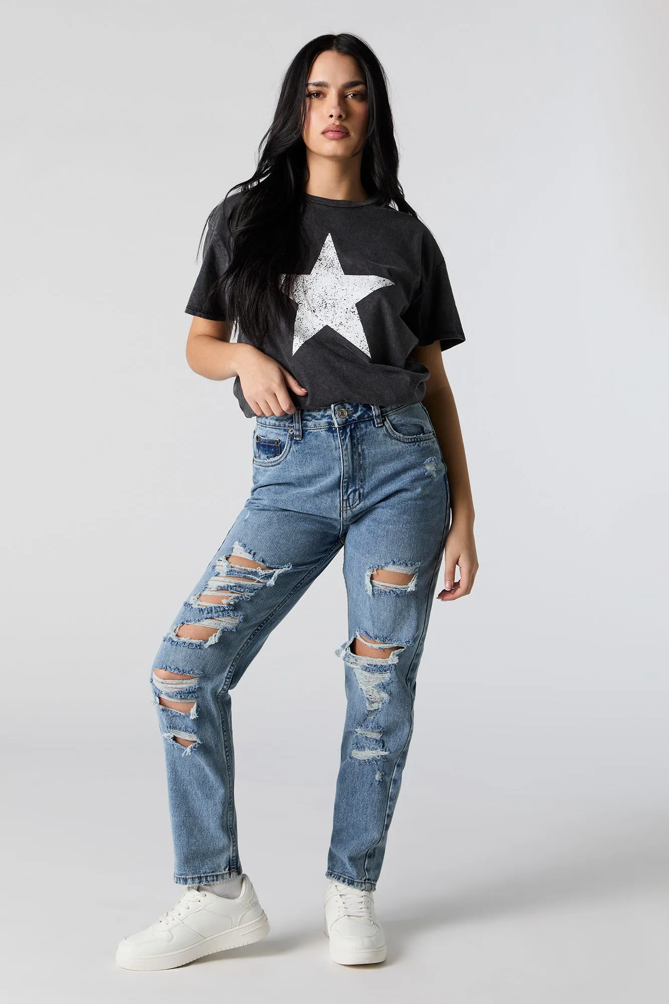 Dark Wash Distressed High Rise Mom Jean sold by Charlotte Russe