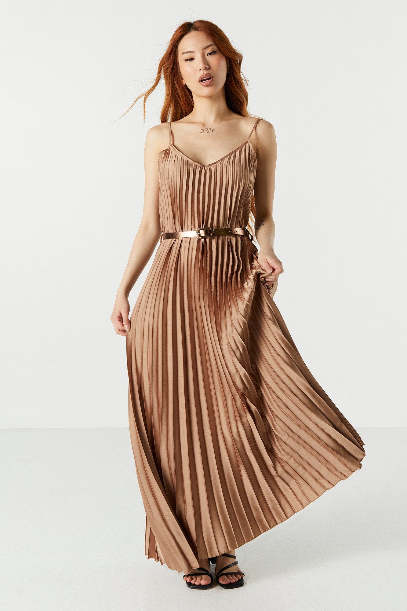 Satin Pleated Belted Maxi Dress sold by Charlotte Russe