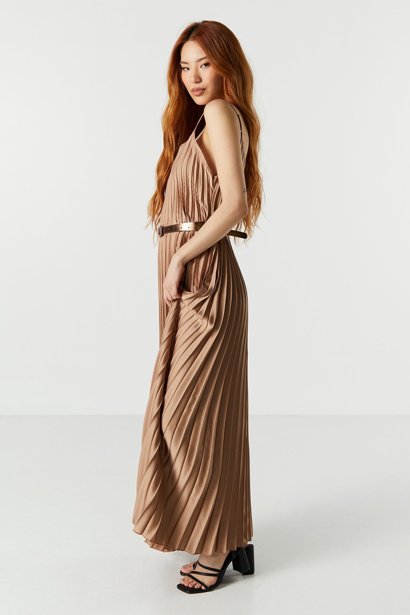Satin Pleated Belted Maxi Dress sold by Charlotte Russe product image thumbnail 3