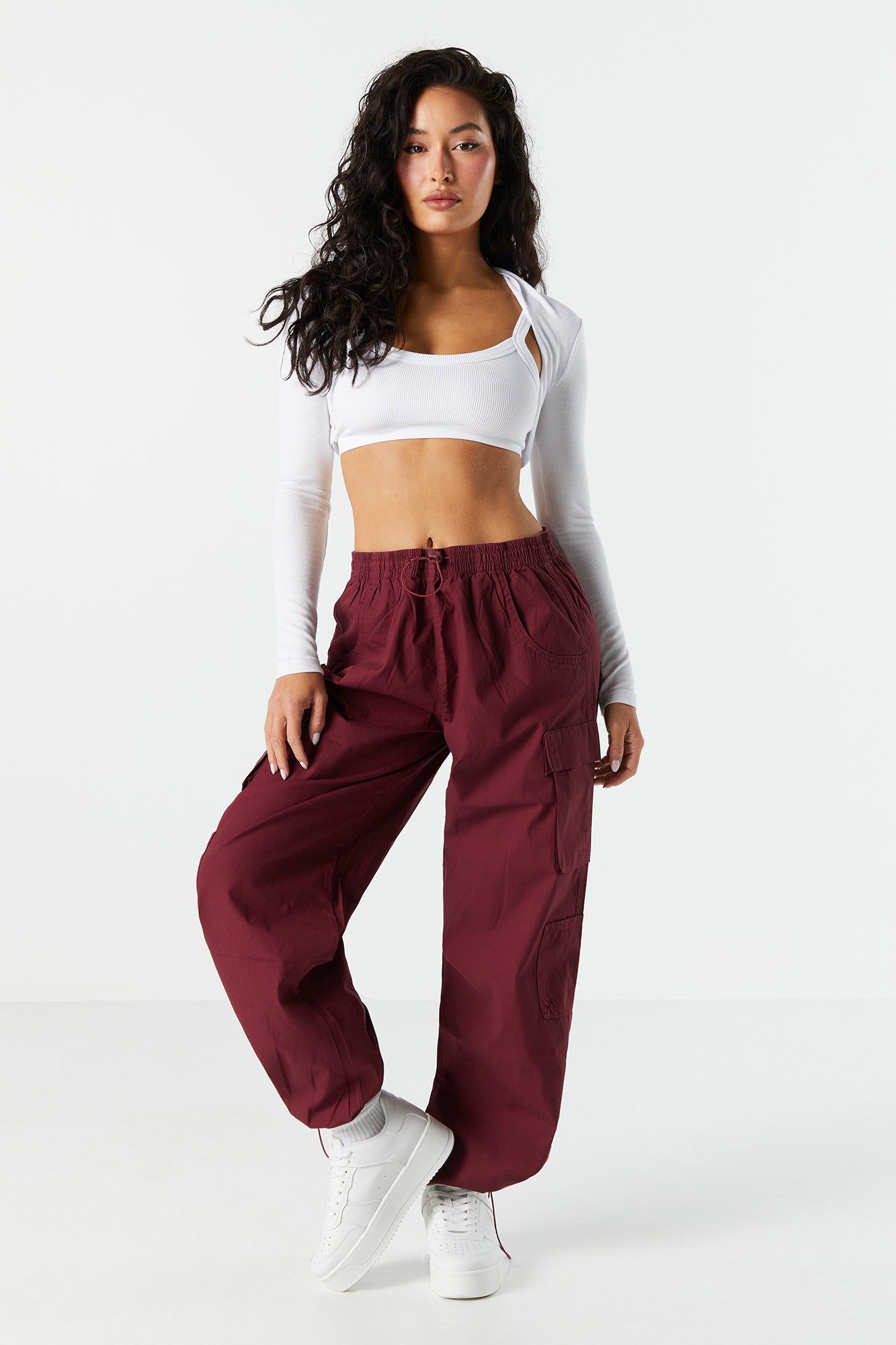 Burgundy Bungee Cargo Parachute Pant sold by Charlotte Russe