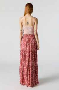 Red Floral High Rise Tiered Maxi Skirt sold by Charlotte Russe