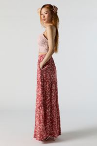 Red Floral High Rise Tiered Maxi Skirt sold by Charlotte Russe