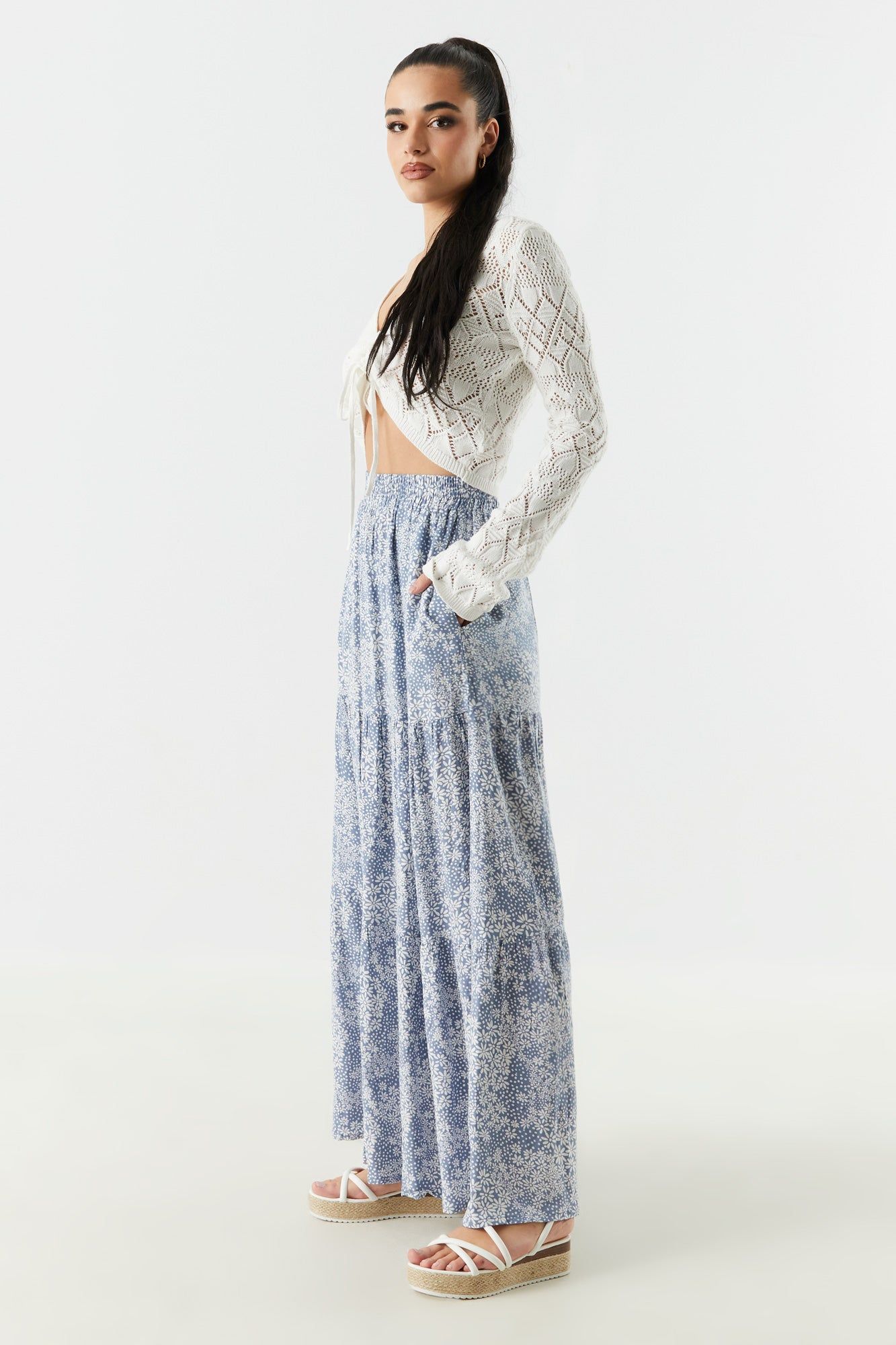 Blue Floral Print Tiered Maxi Skirt sold by Charlotte Russe product image thumbnail 3